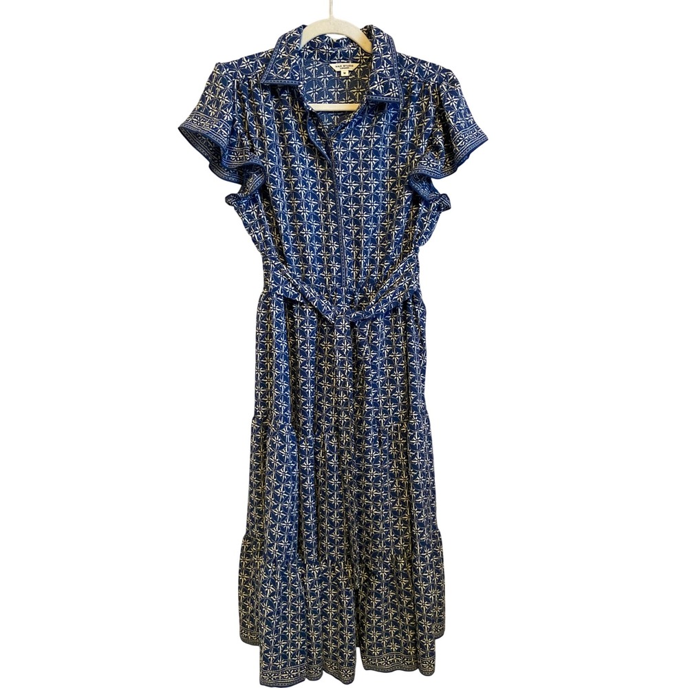 Max Studio London Blue White Geometric Tiered Midi Dress Flutter Sleeve M